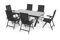 KETTLER Garten-Essgruppe mit 6 Klappstühlen, schwarz/grau/anthrazit, Aluminium/Steinimitat/Textilene, 200/260 x 100 cm