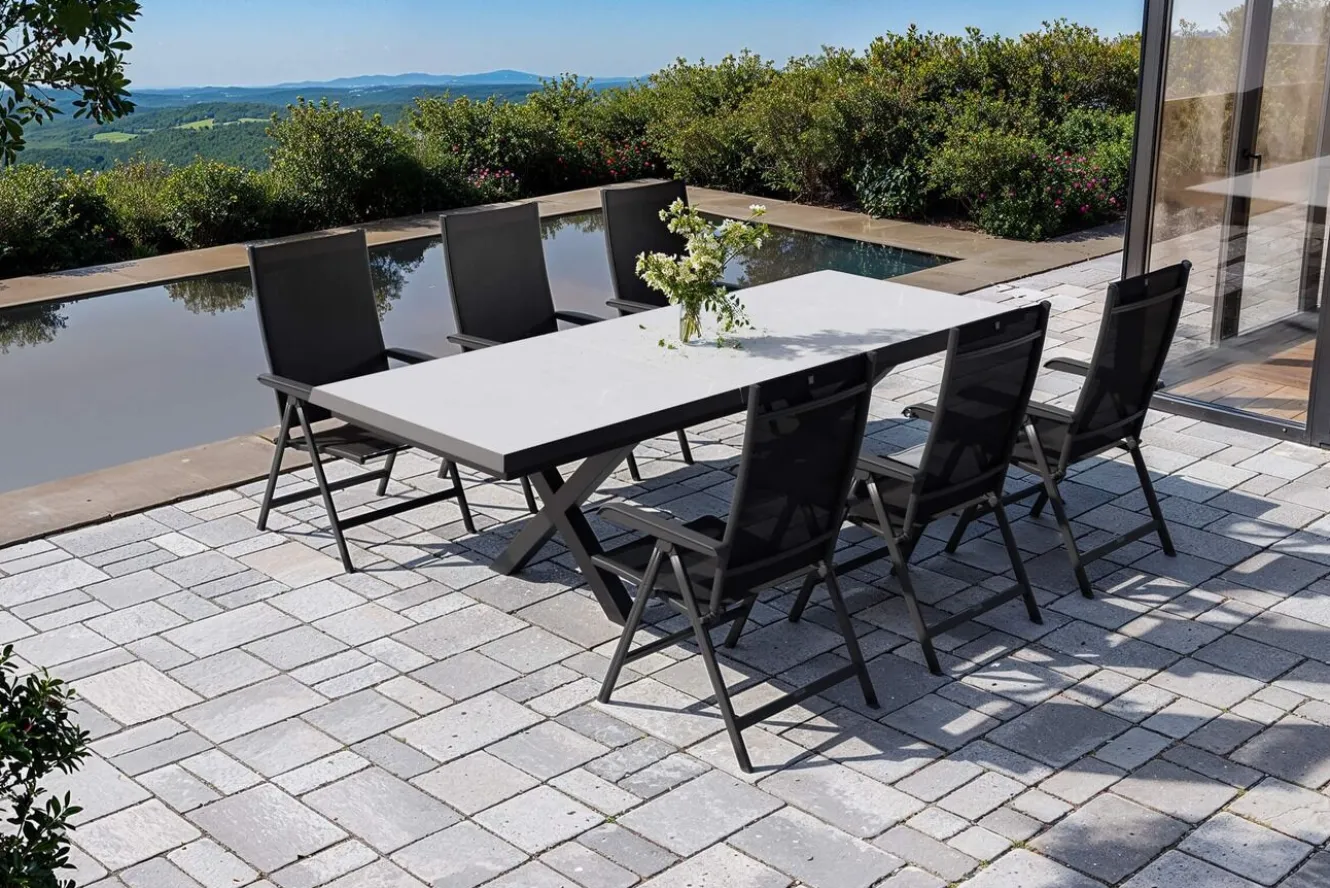 KETTLER Garten-Essgruppe mit 6 Klappstühlen, schwarz/grau/anthrazit, Aluminium/Steinimitat/Textilene, 200/260 x 100 cm