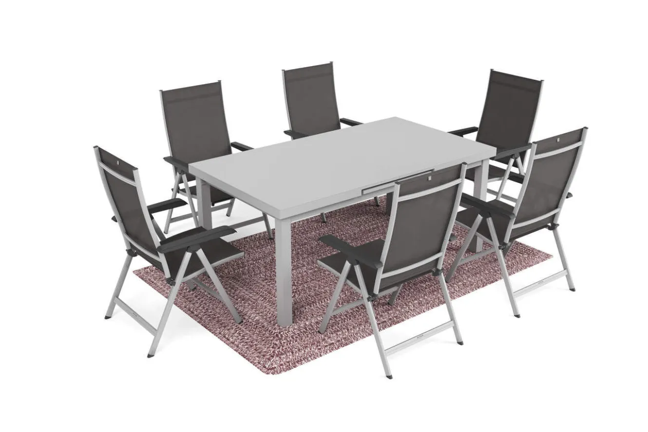 KETTLER Garten-Essgruppe mit 6 Klappstühlen und Outdoor-Teppich, silber/anthrazit/andorra-weiß, Aluminium/Textilene, ausziehbarer Tisch 180/240 x 100 cm