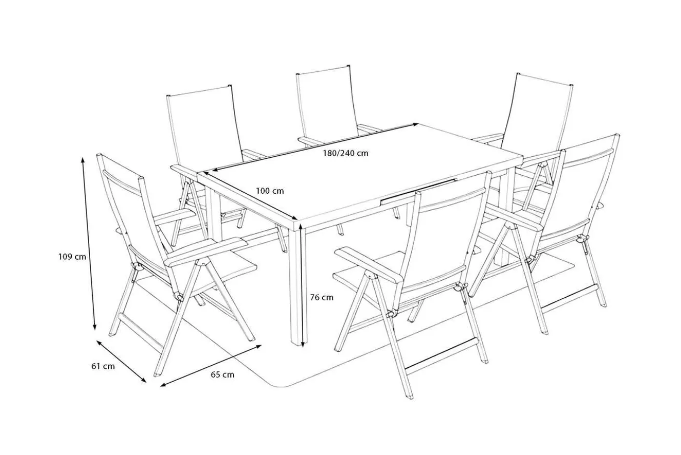 KETTLER Garten-Essgruppe mit 6 Klappstühlen und Outdoor-Teppich, silber/anthrazit/andorra-weiß, Aluminium/Textilene, ausziehbarer Tisch 180/240 x 100 cm