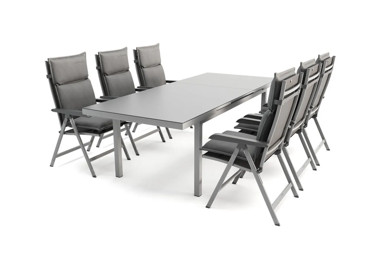 KETTLER Garten-Essgruppe, silber/anthrazit, Alu/Textilene, Tisch 180/240 x 100 cm, 6 Klappstühle, inkl. Auflagen
