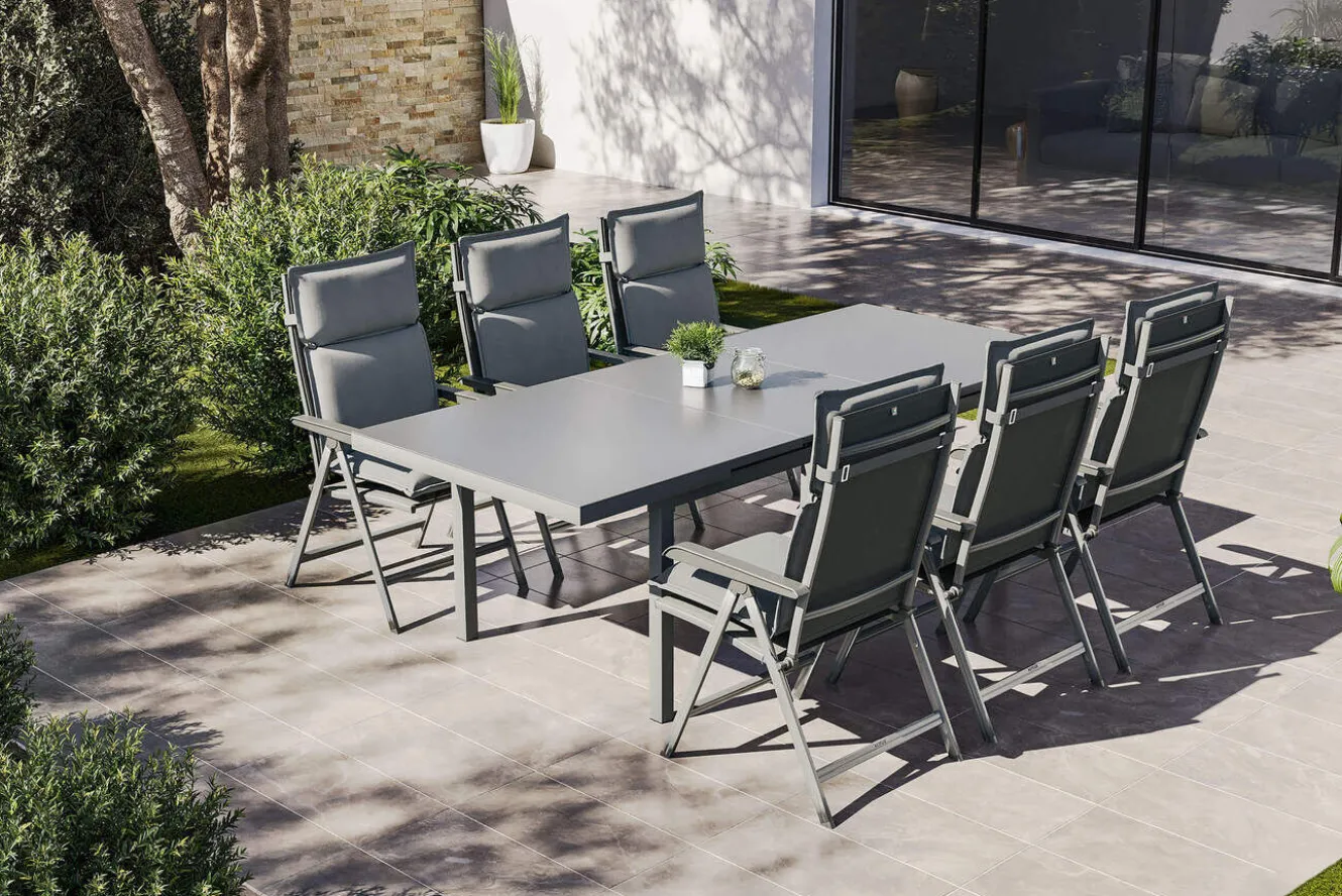 KETTLER Garten-Essgruppe, silber/anthrazit, Alu/Textilene, Tisch 180/240 x 100 cm, 6 Klappstühle, inkl. Auflagen