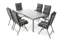 KETTLER Garten-Essgruppe, silber/anthrazit, Alu/Textilene, Tisch 180/240 x 100 cm, 6 Klappstühle, inkl. Auflagen
