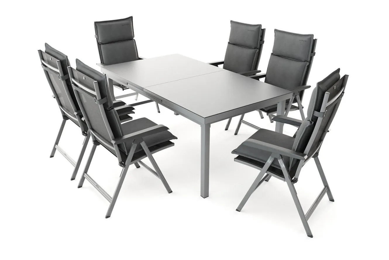 KETTLER Garten-Essgruppe, silber/anthrazit, Alu/Textilene, Tisch 180/240 x 100 cm, 6 Klappstühle, inkl. Auflagen