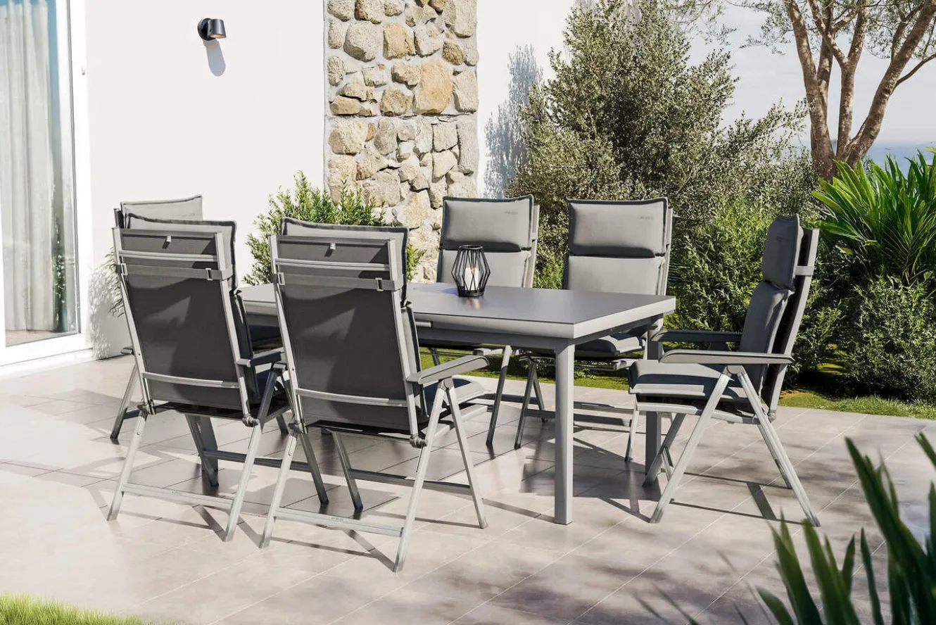 KETTLER Garten-Essgruppe, silber/anthrazit, Alu/Textilene, Tisch 180/240 x 100 cm, 6 Klappstühle, inkl. Auflagen