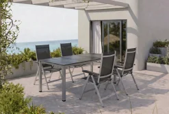 Kettler Garten-Essgruppe, silber/anthrazit, Kettalux-Plus Dining-Tisch 160x95cm, 4 Klappstühle BasicPlus