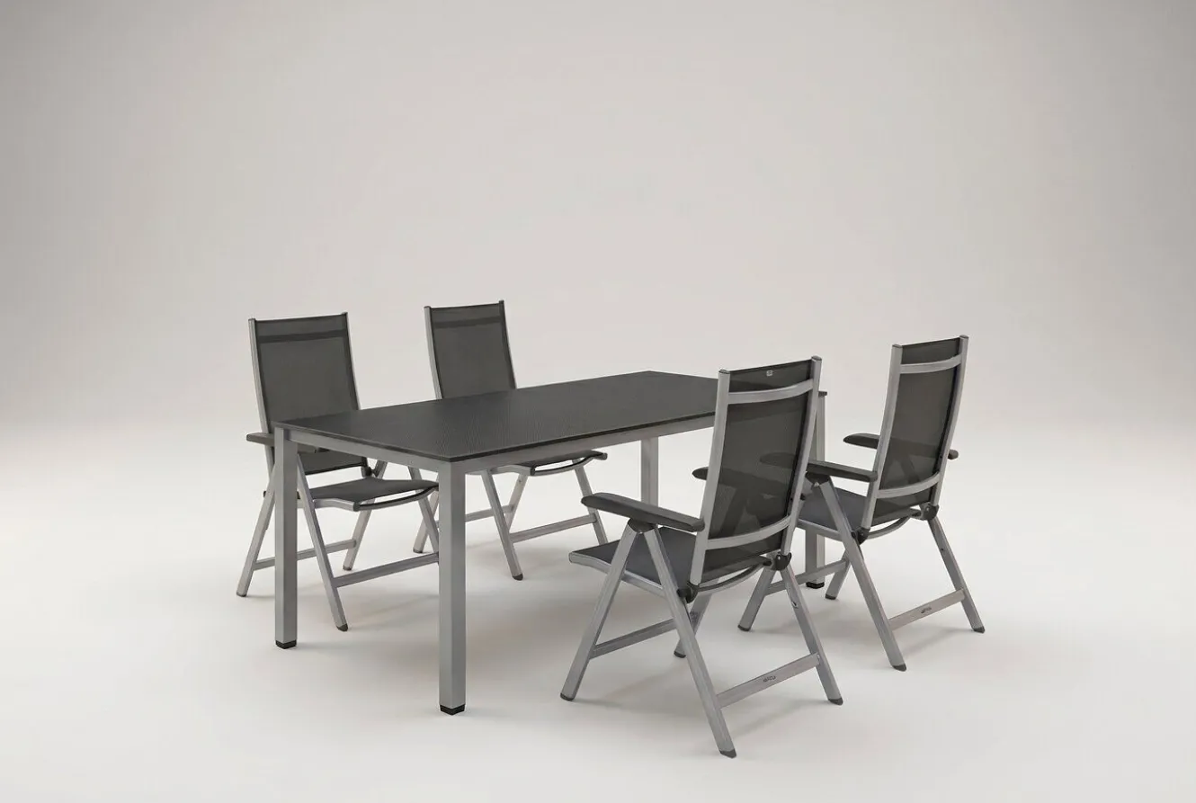 Kettler Garten-Essgruppe, silber/anthrazit, Kettalux-Plus Dining-Tisch 160x95cm, 4 Klappstühle BasicPlus