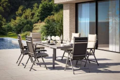 KETTLER Garten-Essgruppe, silber/anthrazit, Alu/Textilene/, Tisch 180/240 x 100 cm, 6 Klappstühle, inkl. Auflagen