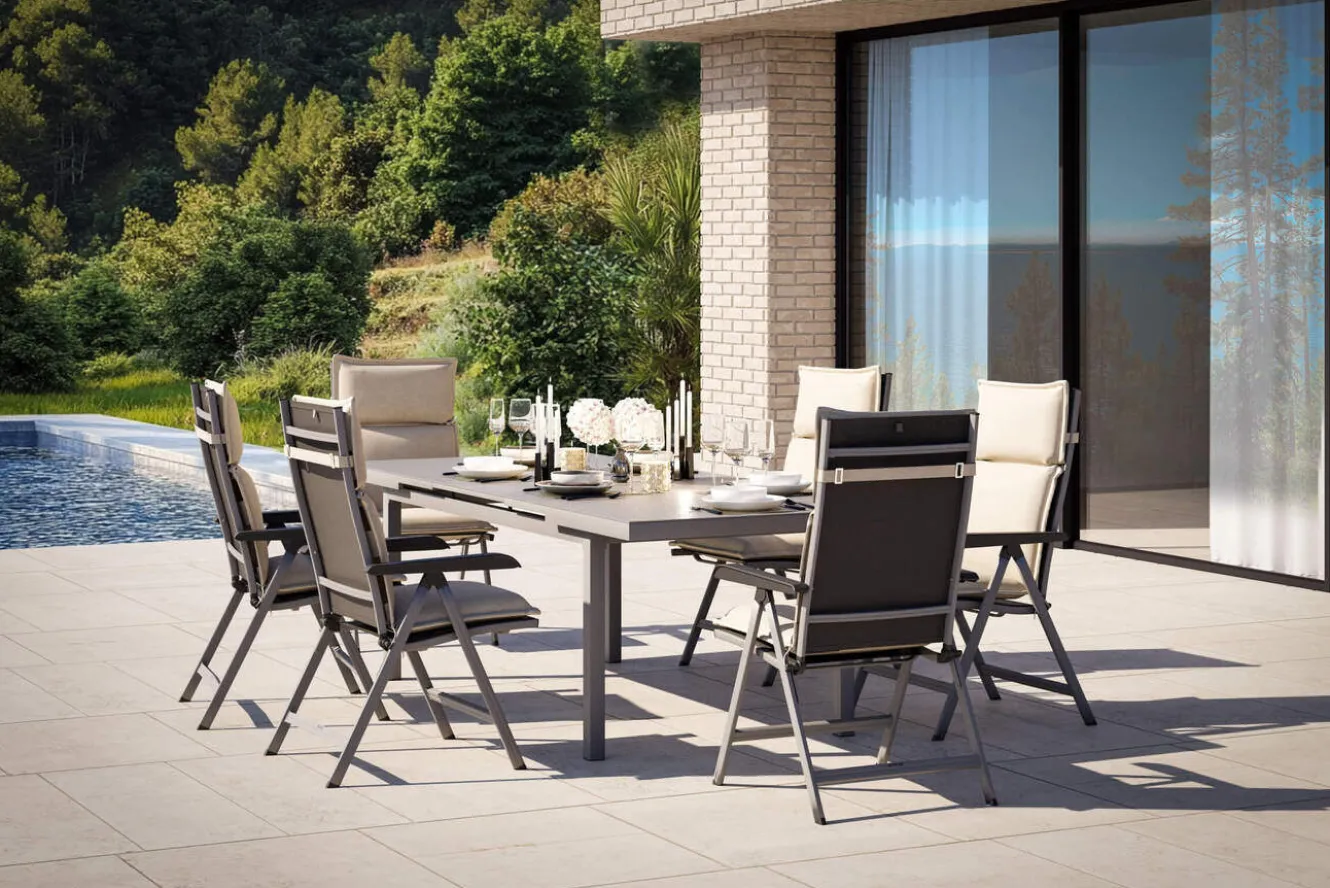 KETTLER Garten-Essgruppe, silber/anthrazit, Alu/Textilene/, Tisch 180/240 x 100 cm, 6 Klappstühle, inkl. Auflagen