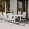 KETTLER Garten-Essgruppe, weiß matt/hellgrau, Aluminium/Glas/Outdoorgewebe, Ausziehtisch 180/240 x 100 cm, 6 Klappstühle