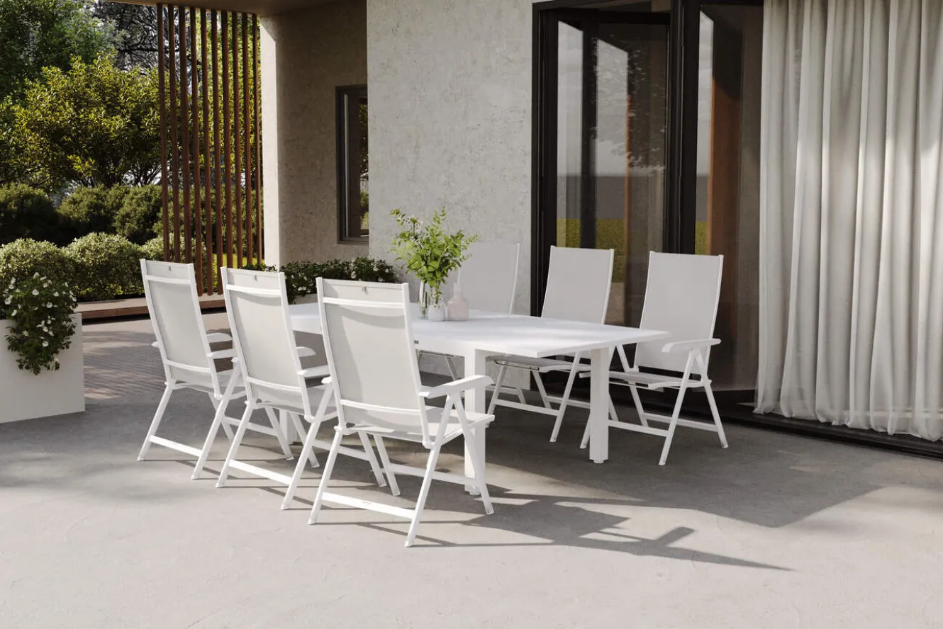 KETTLER Garten-Essgruppe, weiß matt/hellgrau, Aluminium/Glas/Outdoorgewebe, Ausziehtisch 180/240 x 100 cm, 6 Klappstühle