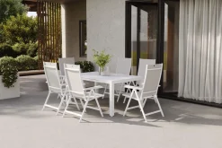 KETTLER Garten-Essgruppe, weiß matt/hellgrau, Aluminium/Glas/Outdoorgewebe, Ausziehtisch 180/240 x 100 cm, 6 Klappstühle