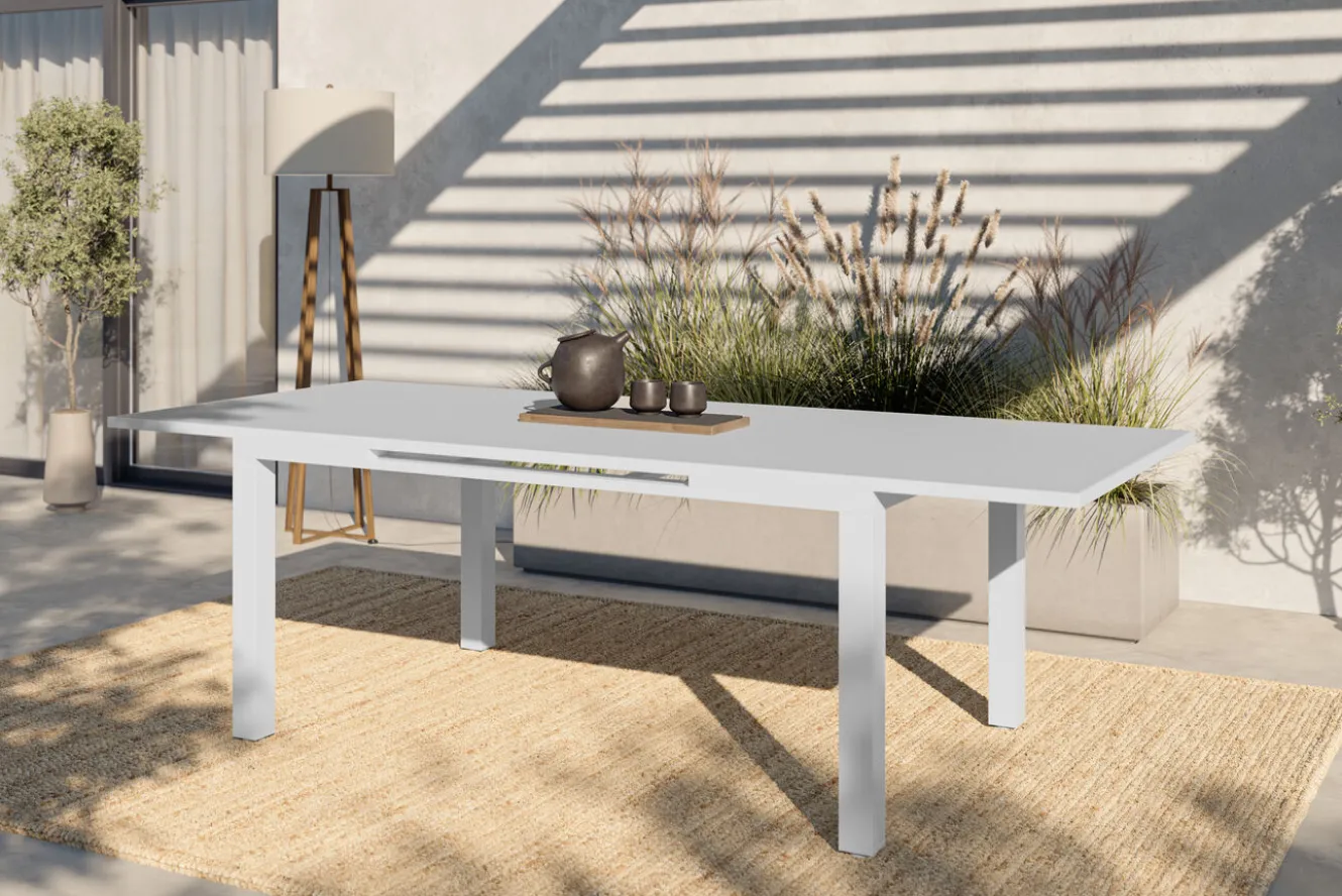 KETTLER Garten-Essgruppe, weiß matt/hellgrau, Aluminium/Glas/Outdoorgewebe, Ausziehtisch 180/240 x 100 cm, 6 Klappstühle