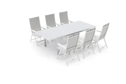 KETTLER Garten-Essgruppe, weiß matt/hellgrau, Aluminium/Glas/Outdoorgewebe, Ausziehtisch 180/240 x 100 cm, 6 Klappstühle