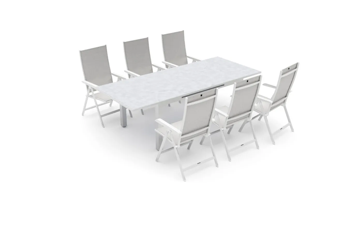 KETTLER Garten-Essgruppe, weiß matt/hellgrau, Aluminium/Glas/Outdoorgewebe, Ausziehtisch 180/240 x 100 cm, 6 Klappstühle