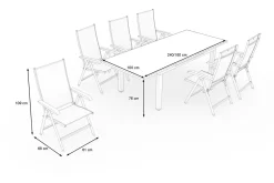 KETTLER Garten-Essgruppe, weiß matt/hellgrau, Aluminium/Glas/Outdoorgewebe, Ausziehtisch 180/240 x 100 cm, 6 Klappstühle