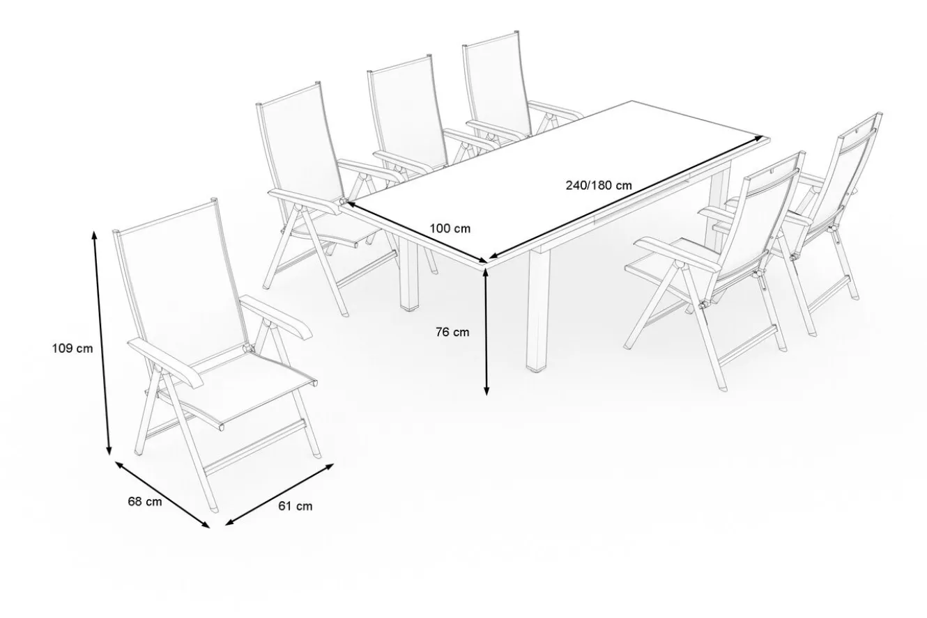 KETTLER Garten-Essgruppe, weiß matt/hellgrau, Aluminium/Glas/Outdoorgewebe, Ausziehtisch 180/240 x 100 cm, 6 Klappstühle
