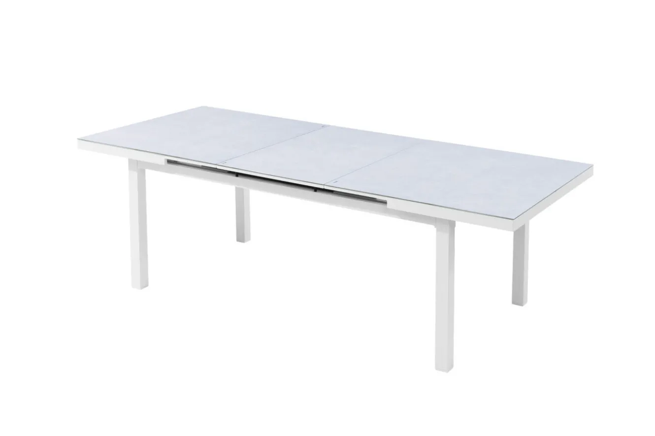 KETTLER Garten-Essgruppe, weiß/hellgrau, Alu/Teak/Glas, Ausziehtisch 180 x 240 x 100 cm, 8 Stapelsessel