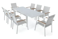 KETTLER Garten-Essgruppe, weiß/hellgrau, Alu/Teak/Glas, Ausziehtisch 180 x 240 x 100 cm, 8 Stapelsessel