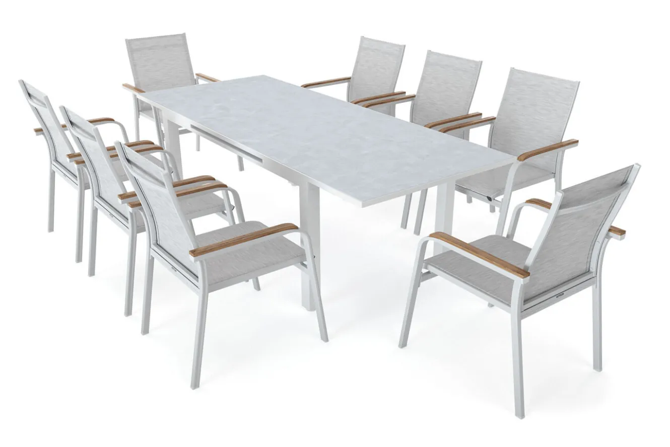 KETTLER Garten-Essgruppe, weiß/hellgrau, Alu/Teak/Glas, Ausziehtisch 180 x 240 x 100 cm, 8 Stapelsessel
