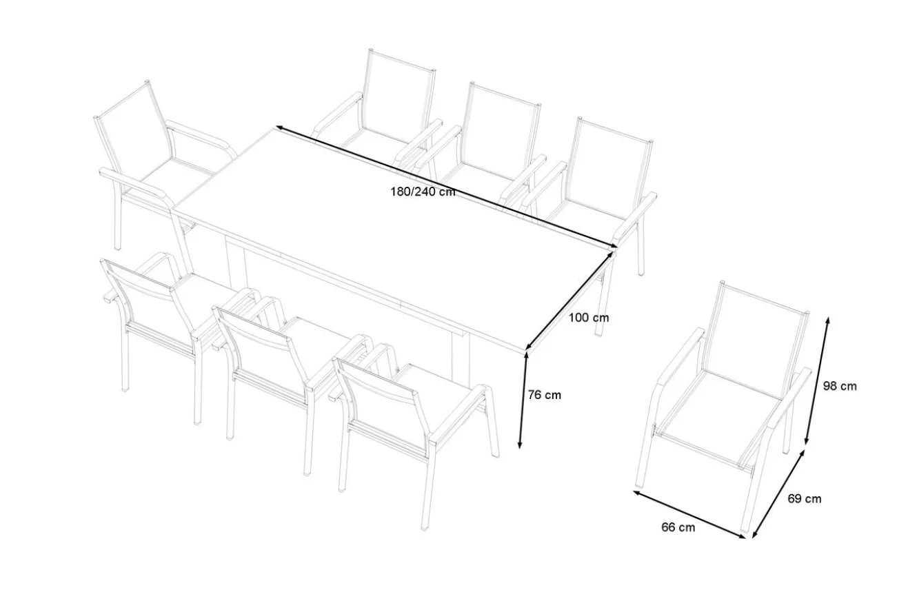 KETTLER Garten-Essgruppe, weiß/hellgrau, Alu/Teak/Glas, Ausziehtisch 180 x 240 x 100 cm, 8 Stapelsessel