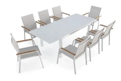 KETTLER Garten-Essgruppe, weiß/hellgrau, Alu/Teak/Glas, Ausziehtisch 180 x 240 x 100 cm, 8 Stapelsessel