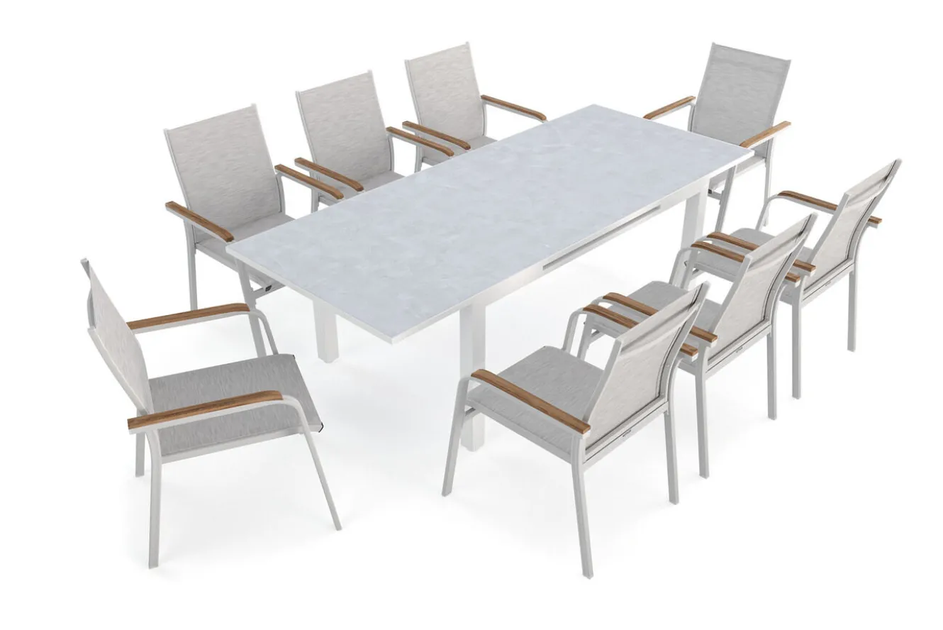 KETTLER Garten-Essgruppe, weiß/hellgrau, Alu/Teak/Glas, Ausziehtisch 180 x 240 x 100 cm, 8 Stapelsessel