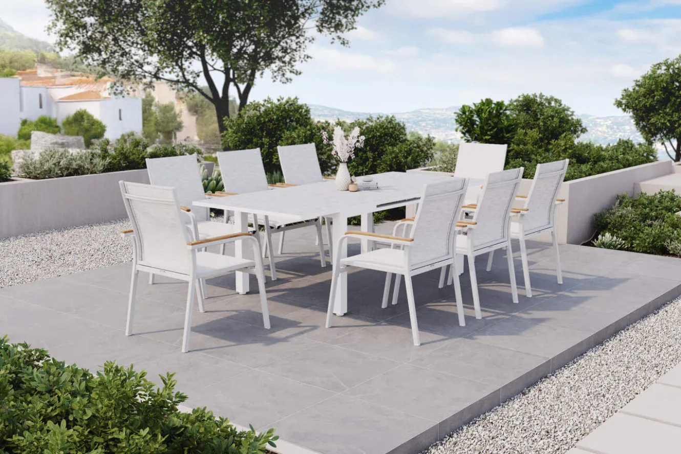 KETTLER Garten-Essgruppe, weiß/hellgrau, Alu/Teak/Glas, Ausziehtisch 180 x 240 x 100 cm, 8 Stapelsessel