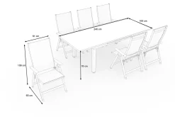 KETTLER Garten-Essgruppe, weiß matt/hellgrau, Aluminium/Teak/Outdoorgewebe, Ausziehtisch 180/240 x 100 cm, 6x Klappstuhl