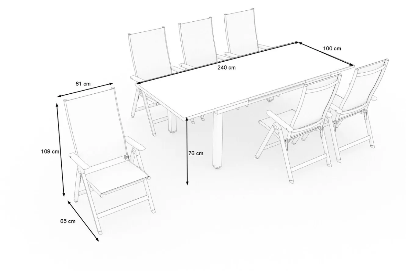 KETTLER Garten-Essgruppe, weiß matt/hellgrau, Aluminium/Teak/Outdoorgewebe, Ausziehtisch 180/240 x 100 cm, 6x Klappstuhl