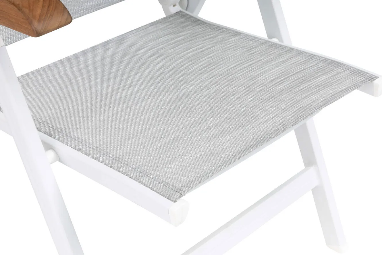 KETTLER Garten-Essgruppe, weiß matt/hellgrau, Aluminium/Teak/Outdoorgewebe, Ausziehtisch 180/240 x 100 cm, 6x Klappstuhl
