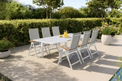 KETTLER Garten-Essgruppe, weiß matt/hellgrau, Aluminium/Teak/Outdoorgewebe, Ausziehtisch 180/240 x 100 cm, 6x Klappstuhl