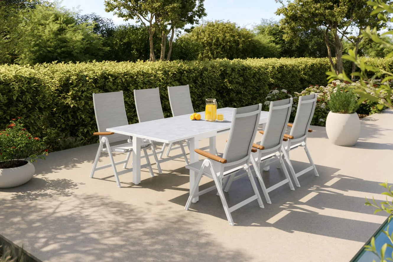 KETTLER Garten-Essgruppe, weiß matt/hellgrau, Aluminium/Teak/Outdoorgewebe, Ausziehtisch 180/240 x 100 cm, 6x Klappstuhl