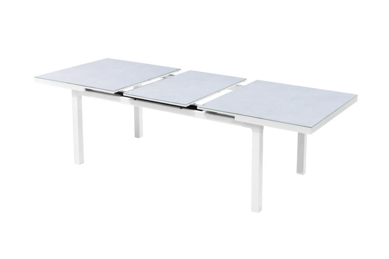 KETTLER Garten-Essgruppe, weiß matt/hellgrau, Aluminium/Teak/Outdoorgewebe, Ausziehtisch 180/240 x 100 cm, 6x Klappstuhl