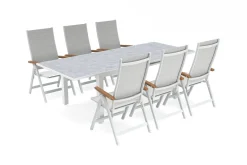 KETTLER Garten-Essgruppe, weiß matt/hellgrau, Aluminium/Teak/Outdoorgewebe, Ausziehtisch 180/240 x 100 cm, 6x Klappstuhl