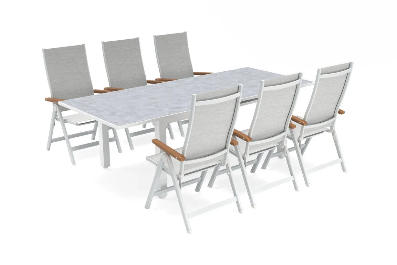 KETTLER Garten-Essgruppe, weiß matt/hellgrau, Aluminium/Teak/Outdoorgewebe, Ausziehtisch 180/240 x 100 cm, 6x Klappstuhl
