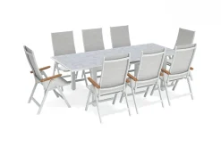 KETTLER Garten-Essgruppe, weiß matt/hellgrau, Alu/Textilene, Ausziehtisch 180/240 x 100 cm, 8x Klappstuhl