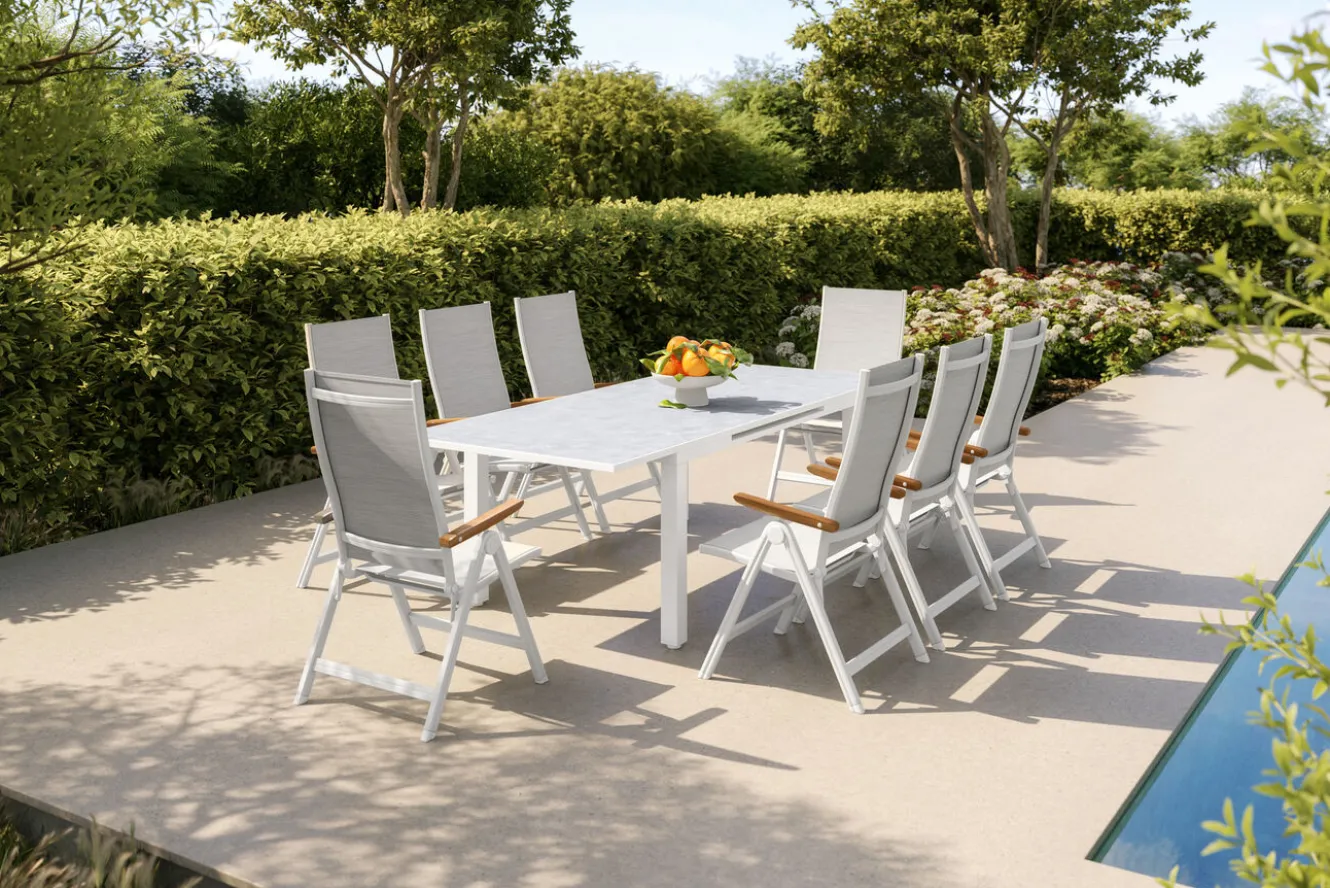 KETTLER Garten-Essgruppe, weiß matt/hellgrau, Alu/Textilene, Ausziehtisch 180/240 x 100 cm, 8x Klappstuhl