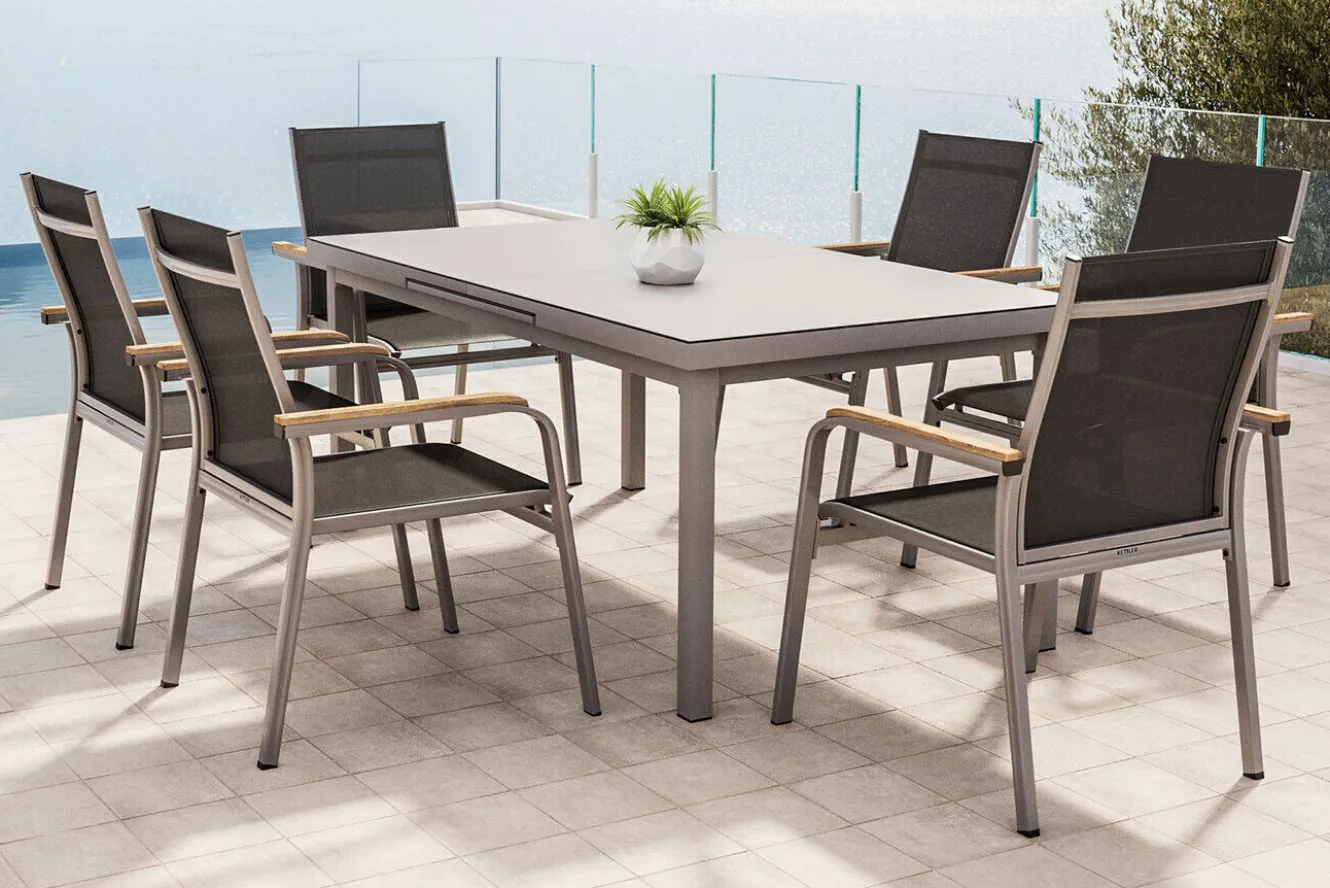 Kettler Granada 6er-Set Stapelsessel, silber/anthrazit, mit Teakholz-Armlehnen, 0301205-0100