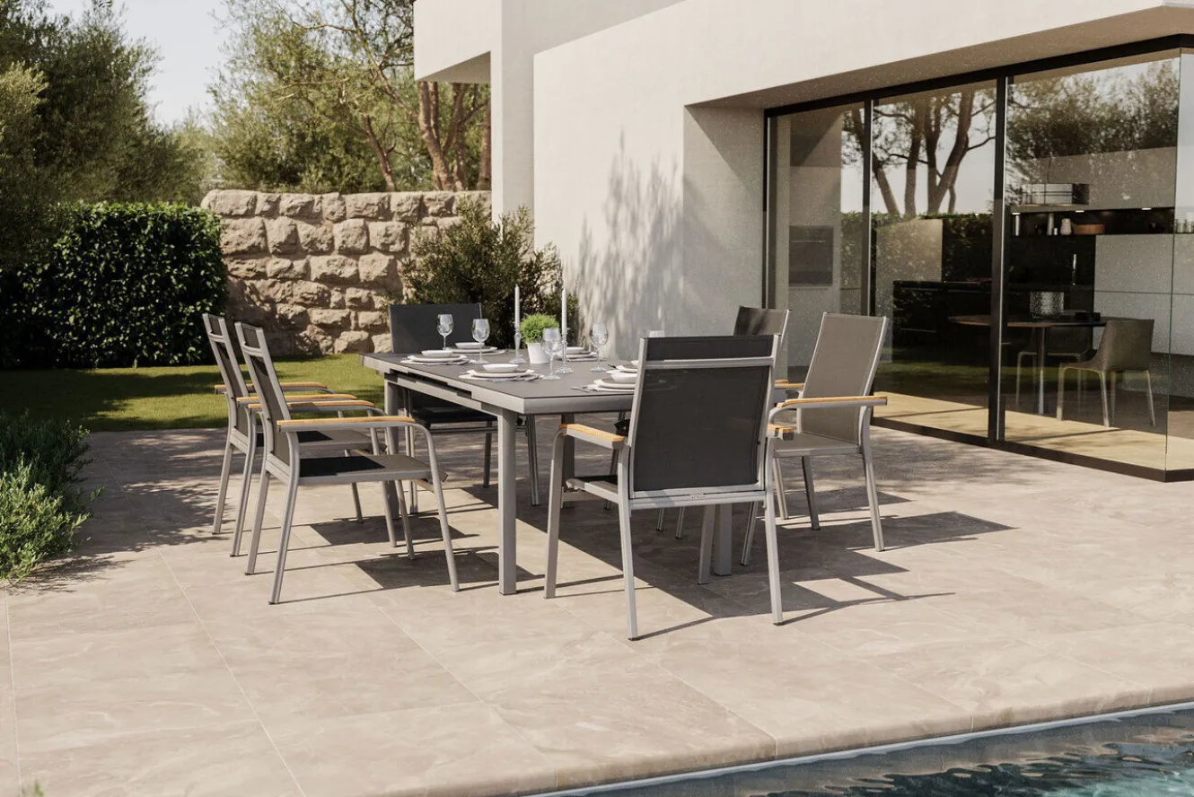 KETTLER Granada Garten-Essgruppe, silber, Alu/Textilene, Tisch 180/240x100cm, 6 Stapelsessel