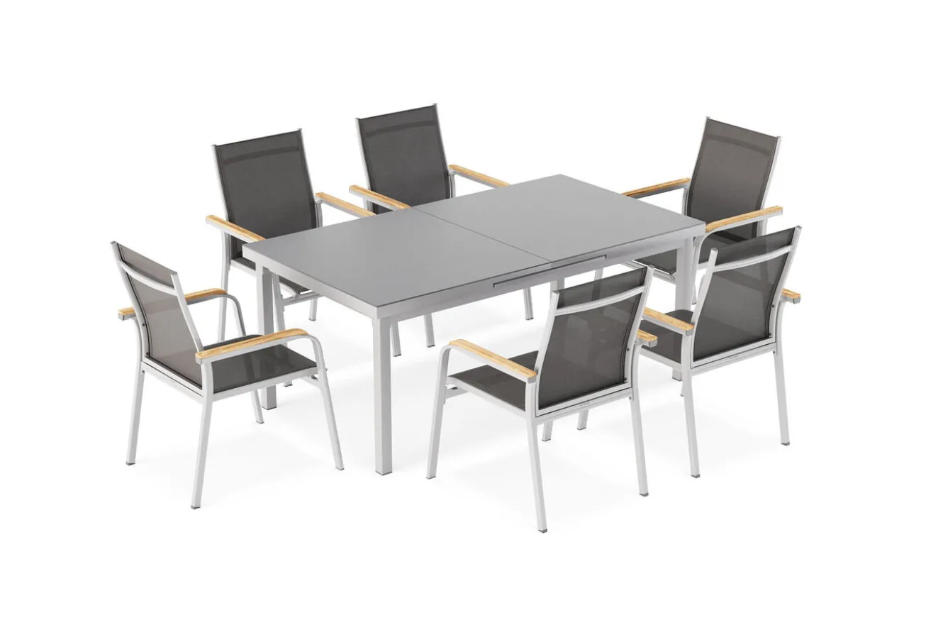 KETTLER Granada Garten-Essgruppe, silber, Alu/Textilene, Tisch 180/240x100cm, 6 Stapelsessel