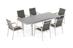KETTLER Granada Garten-Essgruppe, silber, Alu/Textilene, Tisch 180/240x100cm, 6 Stapelsessel