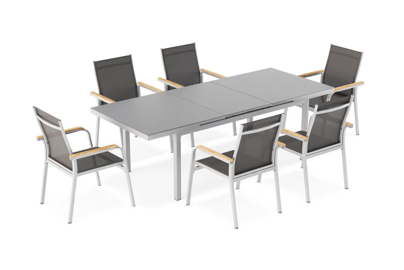 KETTLER Granada Garten-Essgruppe, silber, Alu/Textilene, Tisch 180/240x100cm, 6 Stapelsessel