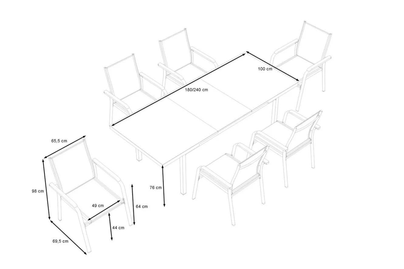KETTLER Granada Garten-Essgruppe, silber, Alu/Textilene, Tisch 180/240x100cm, 6 Stapelsessel