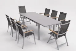KETTLER Granada Garten-Essgruppe, silber, Alu/Textilene, Tisch 180/240x100cm, 6 Stapel-, 2 Klappstühle