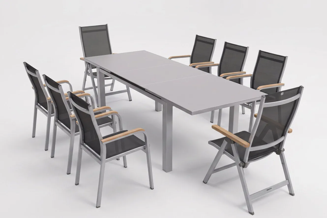 KETTLER Granada Garten-Essgruppe, silber, Alu/Textilene, Tisch 180/240x100cm, 6 Stapel-, 2 Klappstühle