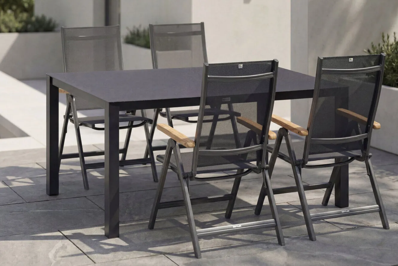 KETTLER Granada Garten-Essgruppe, Anthrazit, Alu/Spraystone, Tisch 160x95 cm, 4x Klappstühle