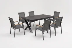KETTLER Granada Garten-Essgruppe, Anthrazit/Schwarz, Alu/Spraystone, Tisch 180/280x100cm, 6 Stapelsessel