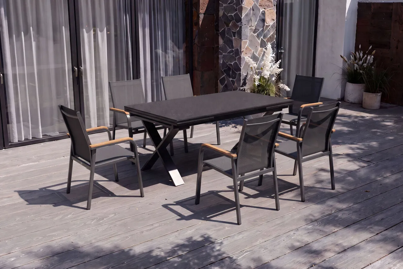 KETTLER Granada Garten-Essgruppe, Anthrazit/Schwarz, Alu/Spraystone, Tisch 180/280x100cm, 6 Stapelsessel