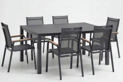 KETTLER Granada Garten-Essgruppe, Anthrazit, Alu/Spraystone, Tisch 160x95 cm, 6 Stapelsessel